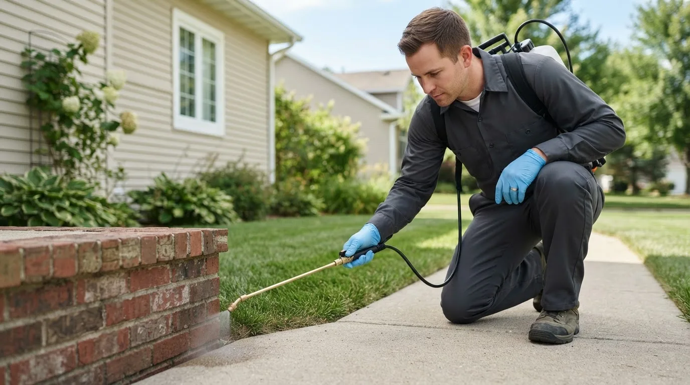 Pest control technician treating a home near Greenfield, IA
