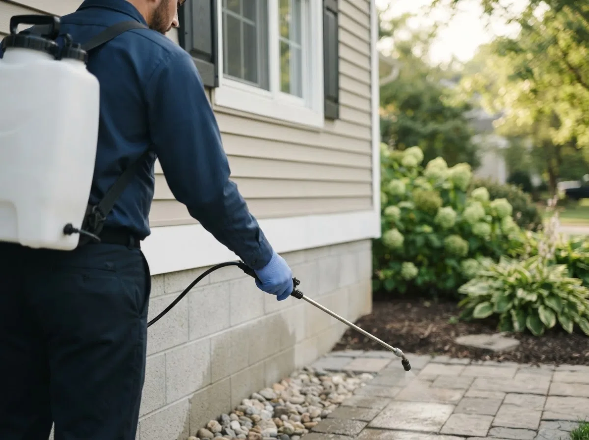 Pest control technician inspecting a home in Greenfield, IA
